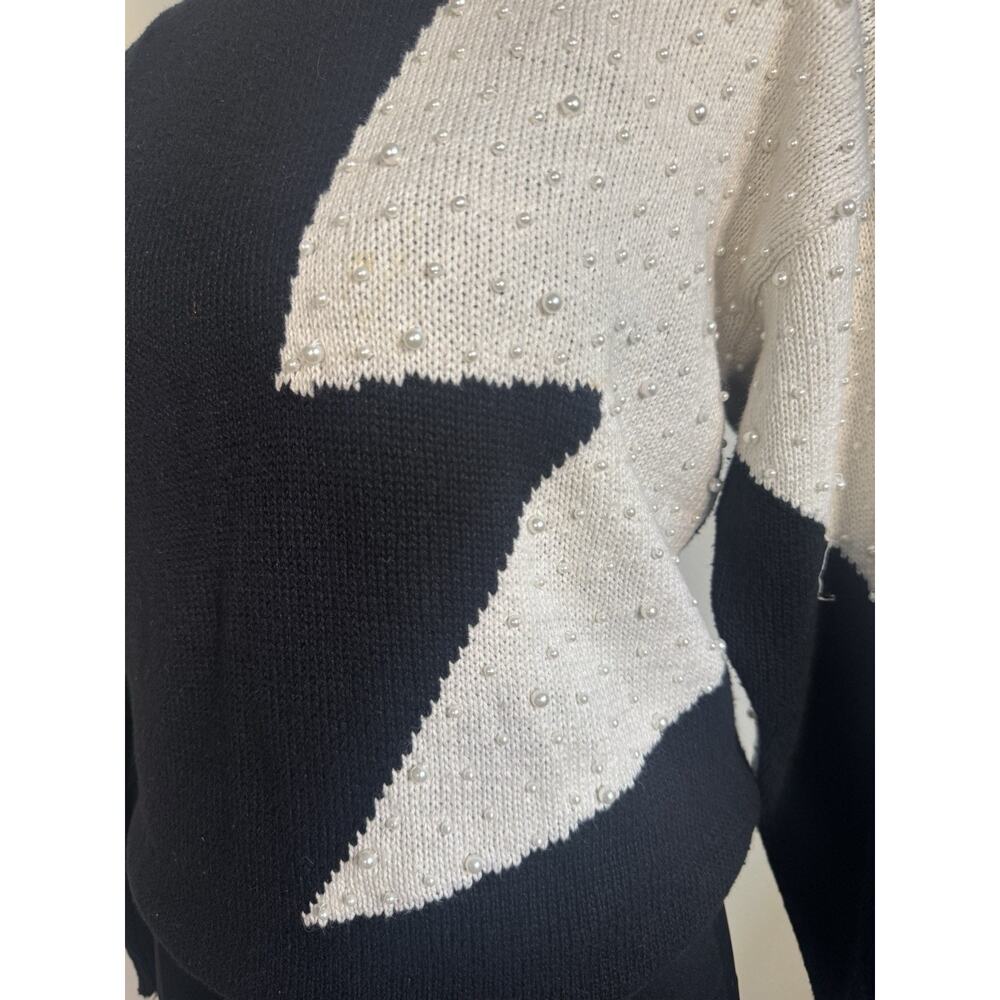 Vintage Pearl Star Sweater Black White Graphic Knit 80s Glam Statement Old Money - Picture 9 of 11